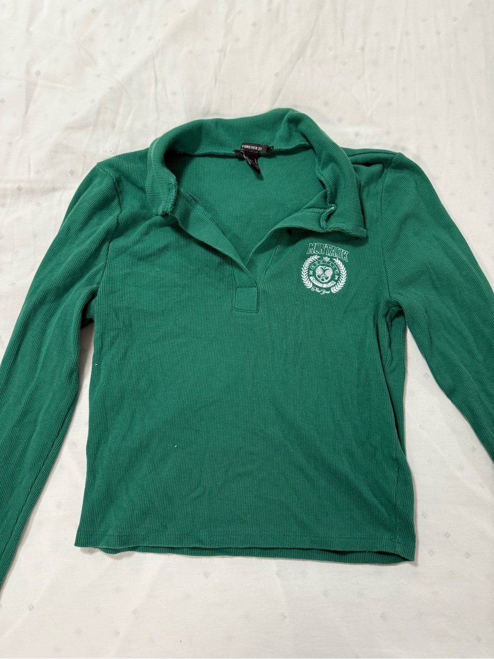 Forever 21 Green Cropped Long Sleeve Polo Top